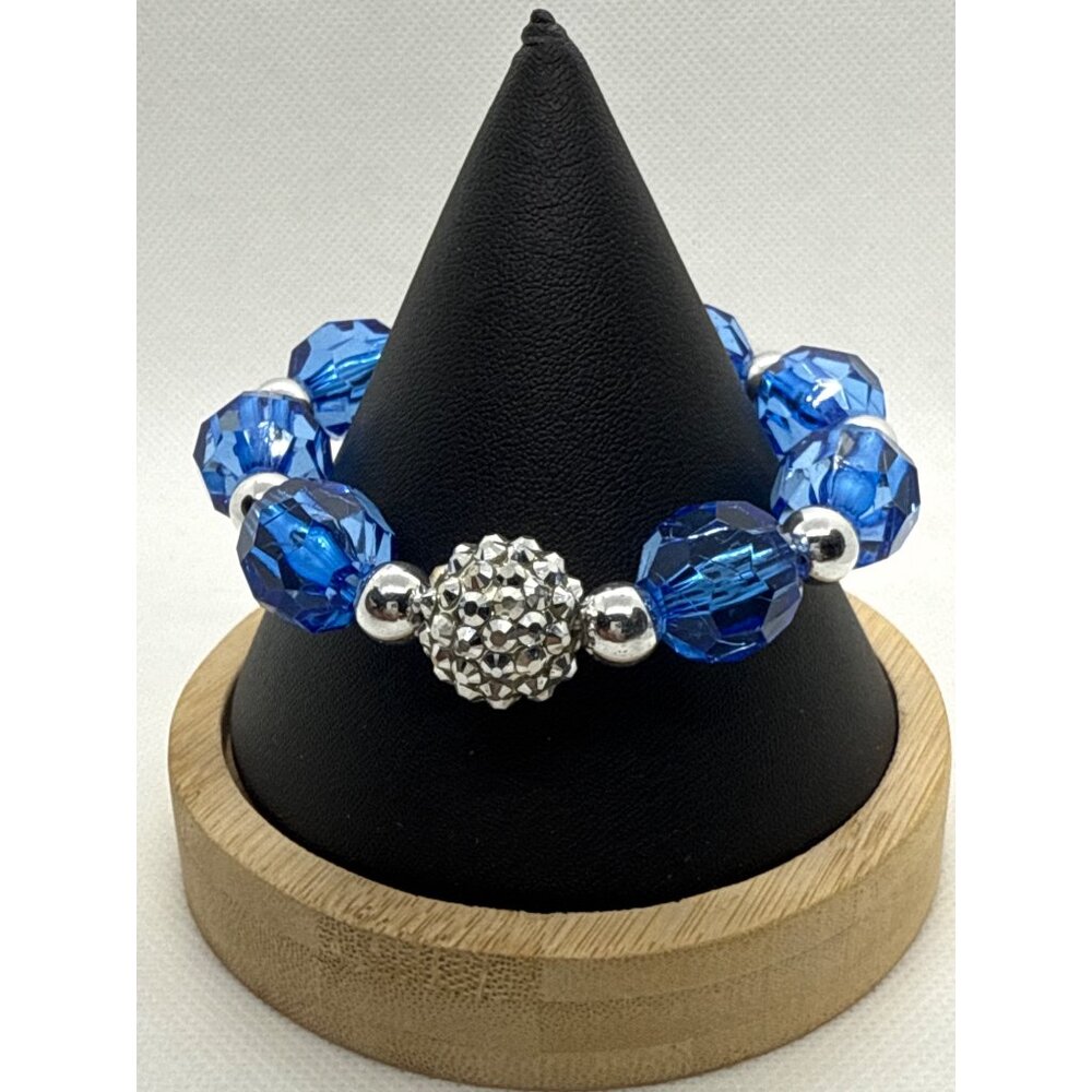 Blue Faceted Bead & Silver Stretch Bracelet For Women Adjustable